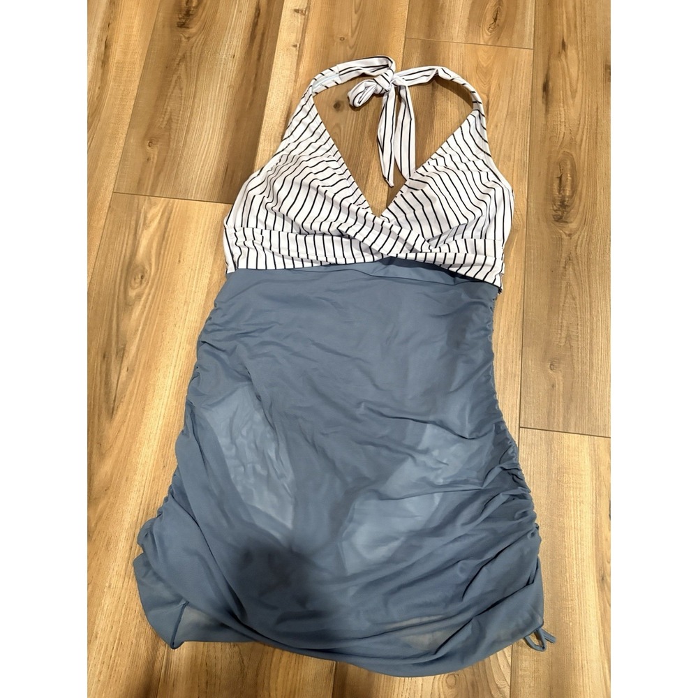 Women's Halter Style One Piece Swimsuit Large Stretch White Gray Striped Mesh